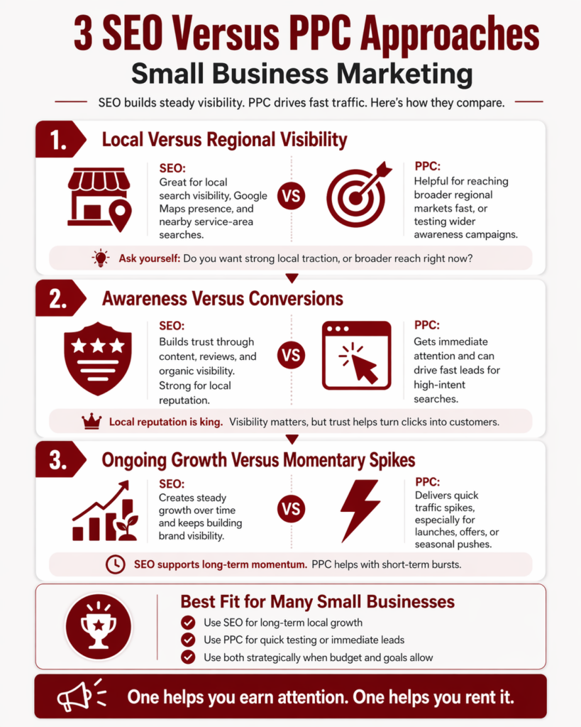 3 SEO Versus PPC Approaches for Small Business Marketing Infographic | Kingdon Marketing in Boone, NC
