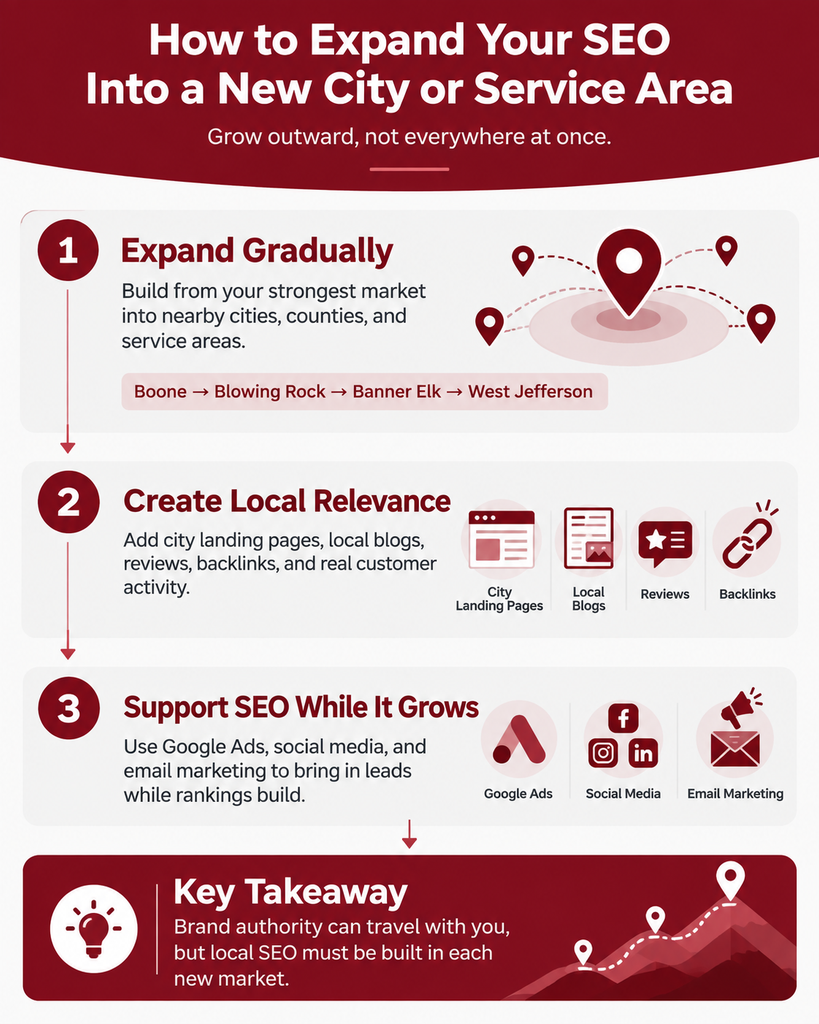 How to Expand Your SEO Into a New City or Service Area infographic | Kingdon Marketing in Boone, NC